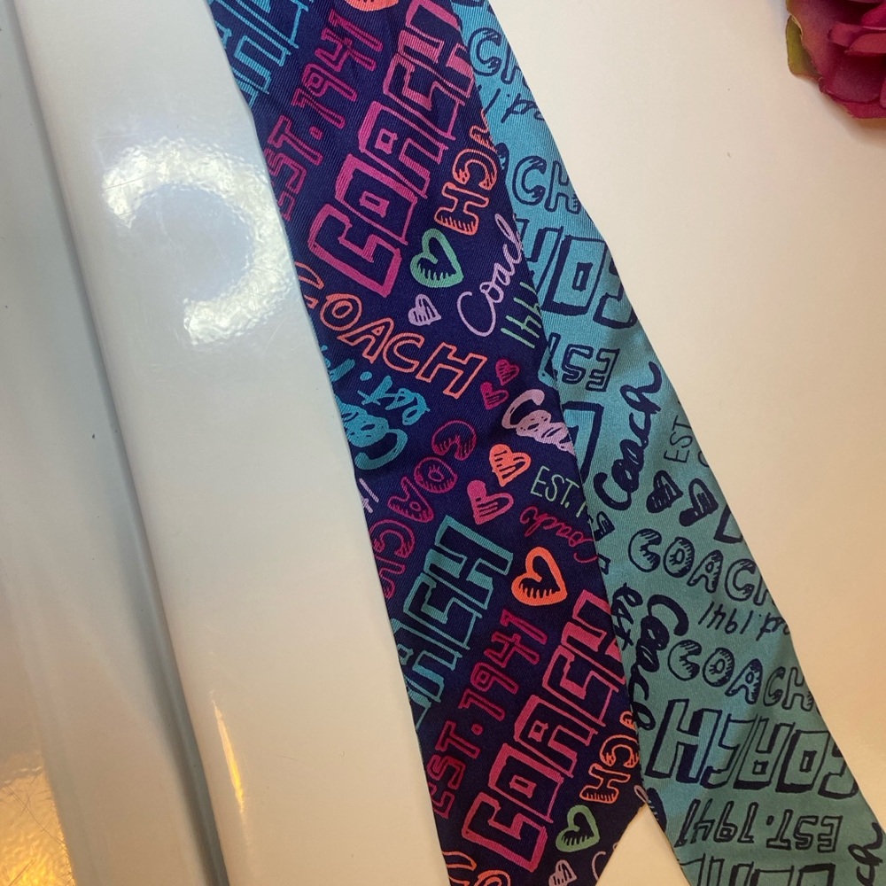 Coach Neon Logo Skinny Scarf in Navy, Teal & Pink